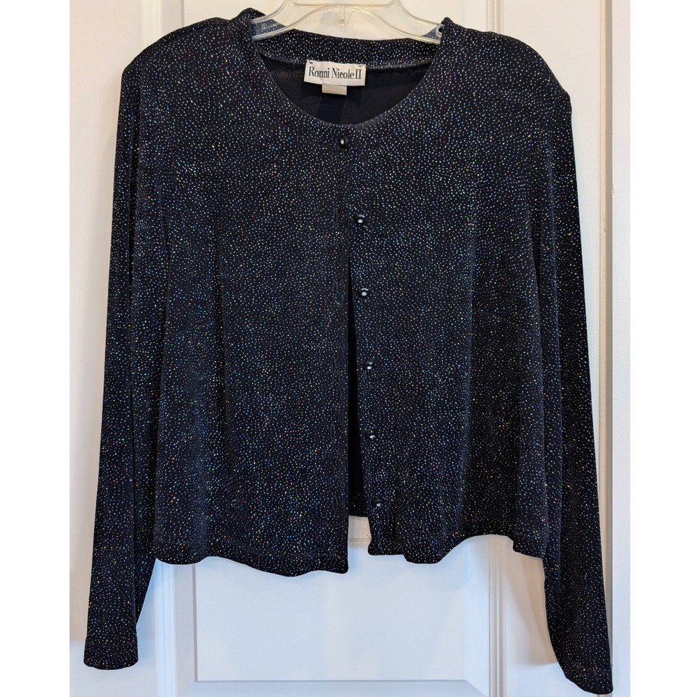 Vintage Ronni Nicole II Black Rainbow Sparkle Glitter Rhinestone Button Cardigan